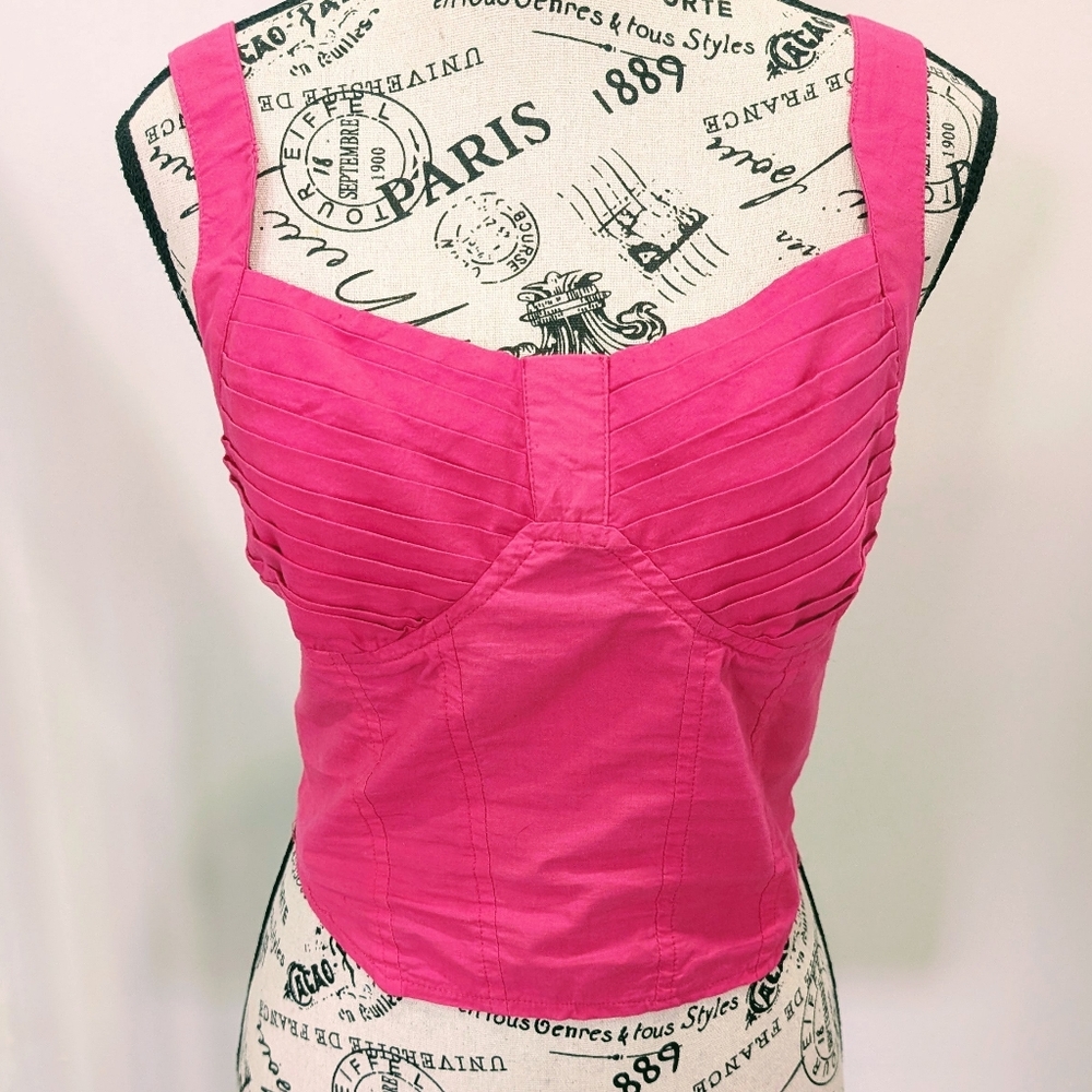 SIM & SAM | Women's Hot Pink Smocked Back Cropped Corset Style Cotton Tank Top